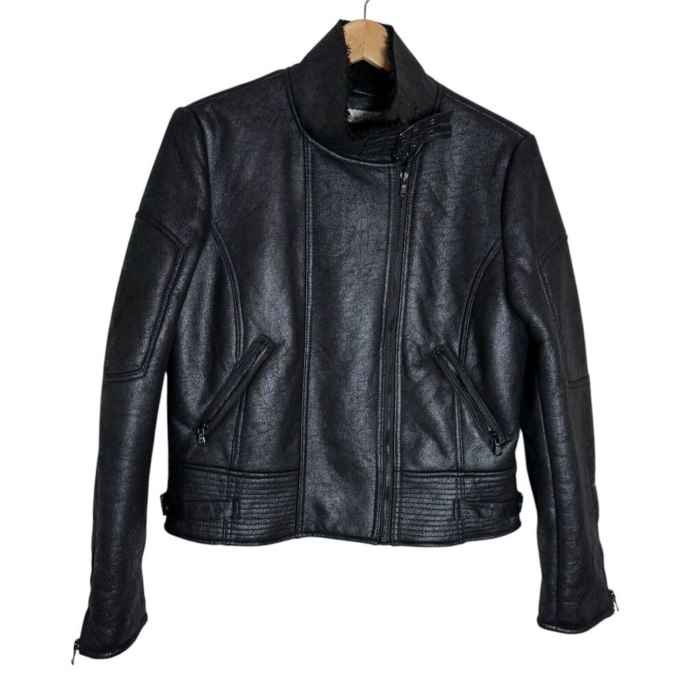 Kenneth Cole Black Faux Shearling and Leather Moto Motorcycle Sz L Jacket Womens